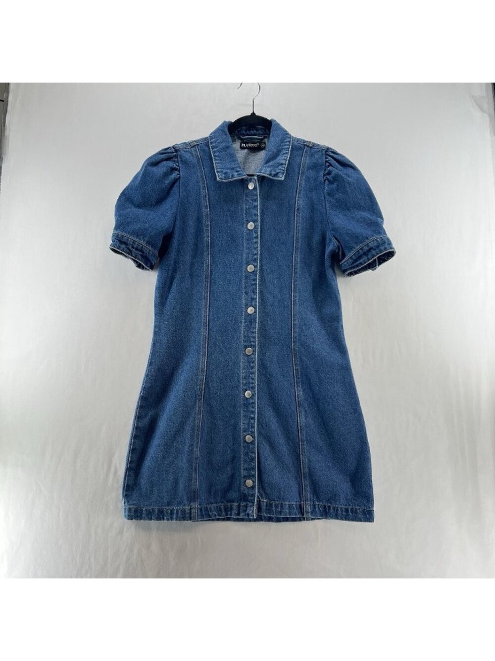 BLANKNYC Denim Mini Shirtdress Size M Snap Front Puff Short Sleeve Collared Blue